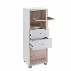 124cm Badschrank In Weiß Wildeiche - Yuliva -Noricas-shop 124cm badschrank in weiss wildeiche 1 tuer 2 schubladen faecher yuliva 02