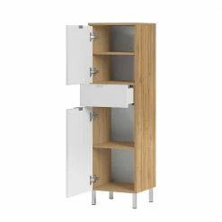 34x120x34 Badschrank 2-türig & Schublade - Narilos -Noricas-shop 34x120x34 badschrank 2 tuerig schublade in weiss hg wildeiche dekor narilos 03