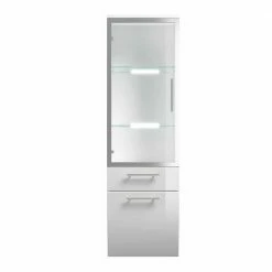 Bad Hängevitrine Klaudios Mit Glastür Schublade Klappe -Noricas-shop bad haengevitrine glastuer schublade klappe weiss hochglanz klaudios 06